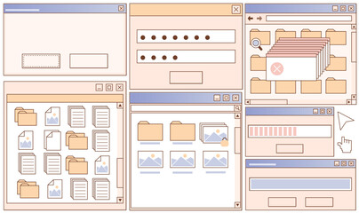 Wall Mural - retro user interface kit with various windows and panels, folders and buttons, icons in pastel color