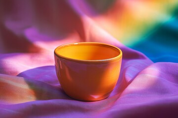 Poster - An orange ceramic bowl on a colorful fabric background.