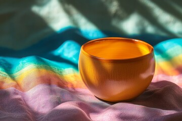 Poster - Empty ceramic bowl on colorful fabric.