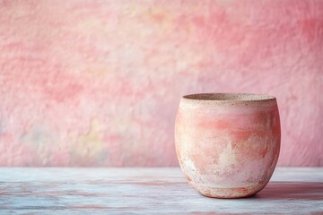 Poster - Pink ceramic bowl on a light wooden surface.