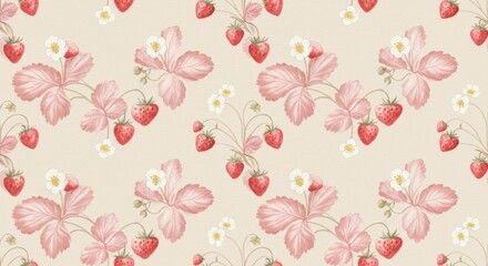  Strawberry dreams A charming pattern of berries flowers  rosy leaves on a soft beige background