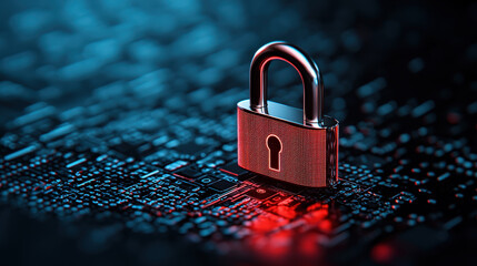 Aufkleber - Futuristic digital padlock on circuit board symbolizes AI powered security, glowing with red and blue lights, representing cybersecurity and data protection