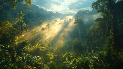  Lush jungle sunrise, sunbeams through mist