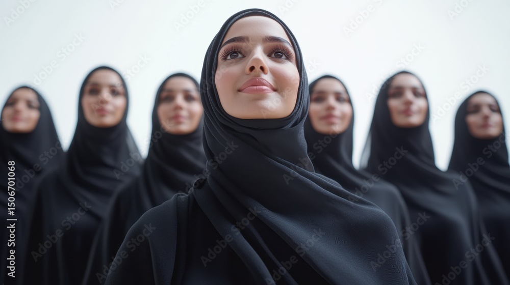 a front picture of a group of smiling young empowering Omani woman wearing Omani abaya dress looking up with pride, white background