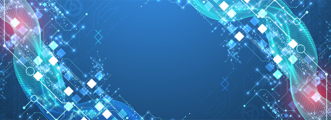 Aufkleber - Abstract data background with wireframe wave and circuit lines. Technology concept. Vector