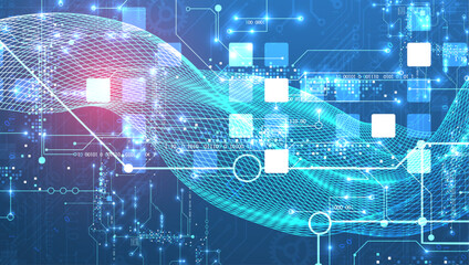 Aufkleber - Abstract data background with wireframe wave and circuit lines. Technology concept. Vector
