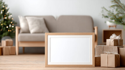 Aufkleber - blank poster frame photo mockup minimal style living room showcases modern interior background. perfect home decor design template for display with subtle lamp enhancing cozy festive
