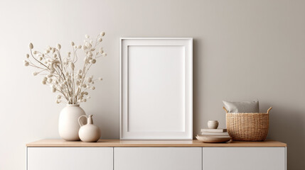 Aufkleber - Minimal home decor design featuring blank poster frame photo mockup in modern living room interior. Template display with serene background showcases calm style for your home
