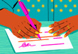 © Westend61 - Colorful illustration of hands writing with a pen on paper at a desk