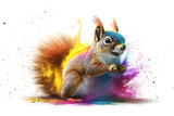 Colorful squirrel surrounded by vibrant splashes of powder paint, showcasing energy and playfulness