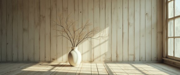 Poster - Minimalist Interior with White Vase and Dried Branches Against Rustic Wood Wall and Floor in Sunlight