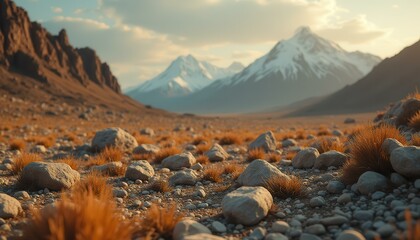 Poster - Rugged mountain landscape featuring snow-capped peaks, rocky terrain, and dry vegetation under a soft, warm sky, evokes adventure