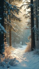 Poster - Winter forest trail with snow-covered trees and golden sunlight filtering through the branches creating a serene nature scene