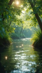 Poster - Tranquil Stream Flowing Through a Lush Green Forest, Illuminated by Glimmering Sunlight