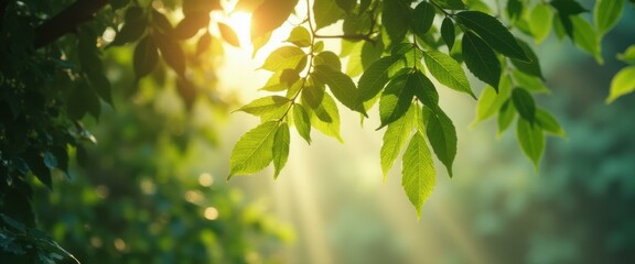 Poster - Sunlight filters through vibrant green leaves, creating a tranquil and peaceful natural setting.
