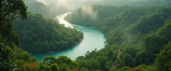 Poster - Serene Turquoise River Flowing Through Lush Green Forest Valley on a Misty Day - Nature Landscape