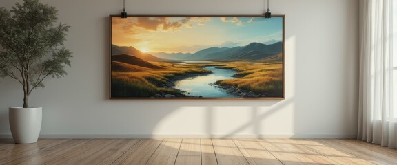 Poster - Tranquil Interior: Landscape Painting, Plant, Wooden Floor and Natural Light