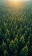 Poster - Aerial view of a dense evergreen forest at sunrise, showcasing the texture of the treetops, creating a natural pattern with sunlight