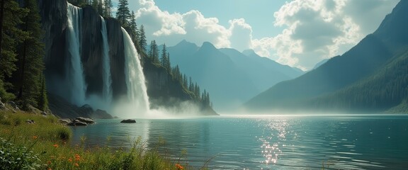 Poster - Scenic waterfall cascading into a tranquil lake surrounded by majestic mountains and lush green forests on a bright sunny day.
