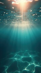 Poster - Underwater sunlight shimmering through clear blue water, creating a beautiful abstract light and shadow pattern on the sandy seabed