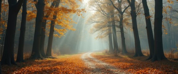 Poster - Sunlit Path Through a Foggy Autumn Forest with Golden Leaves and Tall Trees Creates a Serene Scene