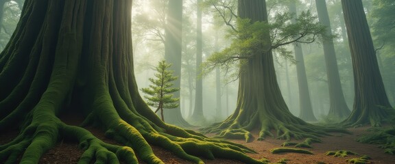 Poster - Ancient redwood forest bathed in soft light, displaying massive trees, moss-covered roots, and a tranquil, misty atmosphere