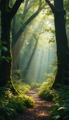 Poster - Peaceful Forest Path with Sun Rays Shining Through Moss Covered Trees and Green Foliage