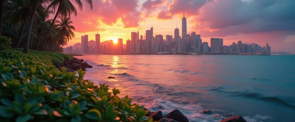 Poster - Picturesque cityscape at sunset with palm trees and serene ocean waves reflecting warm light from the colorful sky