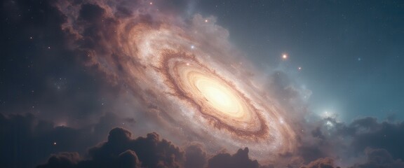 Fototapete - Majestic Spiral Galaxy Emerging from Ethereal Clouds in a Stunning Cosmic Sky with Nebulae and Sparkling Stars