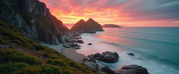Poster - Dramatic coastal landscape at sunset with rugged cliffs, serene beach, and soft light reflecting on calm water, creating a tranquil scene.