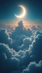 Aufkleber - Crescent Moon Shining Above Fluffy Clouds: Dreamy Sky Landscape with Soft Light and Dramatic Shadows