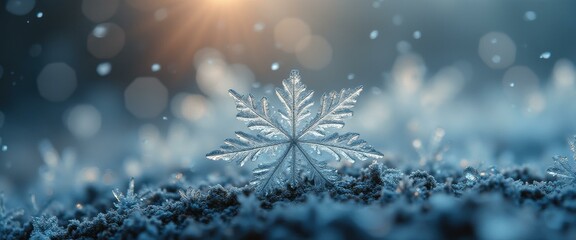 Poster - Macro Image of a Six-Pointed Snowflake on a Blue Icy Background with Bokeh Effects and a Warm Sunlight Glow in the Top Center