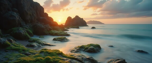 Poster - Coastal Rocks at Sunset: Mossy Boulders and Calm Ocean Waves