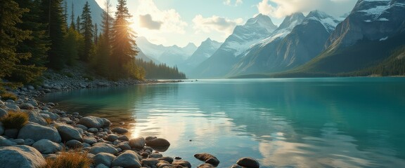 Poster - Serene alpine lake reflects majestic mountains and sunlit forest in tranquil scenic landscape