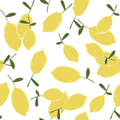 Illustration of a seamless lemon pattern with green leaves on a white background
