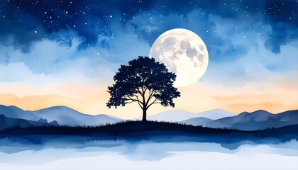 Wall Mural - serene watercolor landscape with silhouette tree and moon.