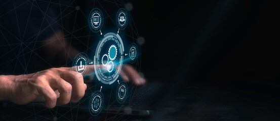 man use laptop with virtual automation technology to automate business tasks with ai. digital transf