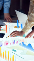 Conceptual collage. Finger pointing at transparent chart with linear data and bar performance stats, surrounded by glowing financial icons. Concept of financial review, business growth, information