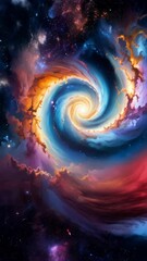 Wall Mural - Ethereal spiral of colorful energy and nebula clouds with space dust and distant stars, radiating bright light in center vortex