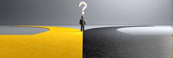A man is standing in front of a crossroad with a question mark