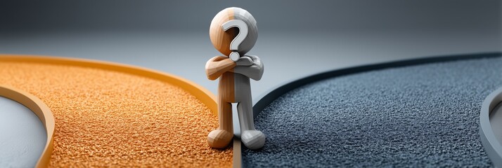 A man is standing in front of a crossroad with a question mark