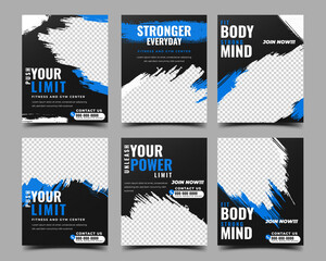 Wall Mural - Gym, sports, fitness social media post design template collection. 4:5 ratio size promotional banner vector.