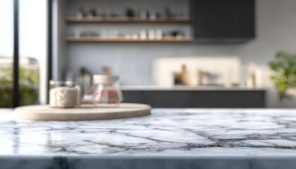 Aufkleber - Empty marble kitchen countertop with blurred background showcasing modern interior design