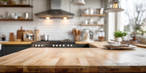 Poster - Empty wooden kitchen countertop with blurred background