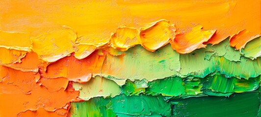 Aufkleber - Closeup of abstract rough neon green and orange colorful art painting texture illustration, with oil brushstroke, pallet knife paint on canvas