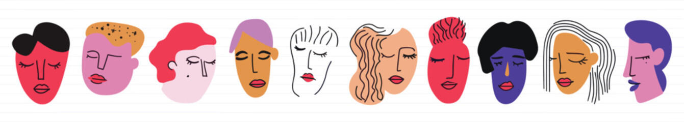 Wall Mural - abstract illustration of diverse, colorful faces with varied hairstyles and expressions, vector set
