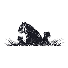 Wall Mural - tiger with 2 cubs illustration silhouette wildlife vector