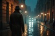 © Pete - Male detective in hat raincoat stands on rain-soaked street in film noir style. Retro city lights reflect on wet pavement. Mysterious, dark atmosphere evokes thriller, crime narrative.