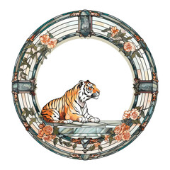 Wall Mural - tiger and flowers circle frame art decorative design vector