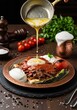 © organik - Traditional Turkish cuisine food iskender kebab with melted butter, sauce, pita bread, tomato, pepper and yogurt.